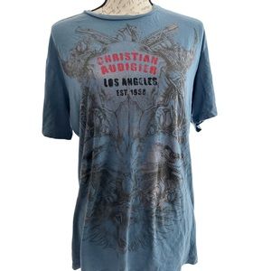 Christian Audigier Los Angeles  Men's T-Shirt Blue Rhinestone X-Large New